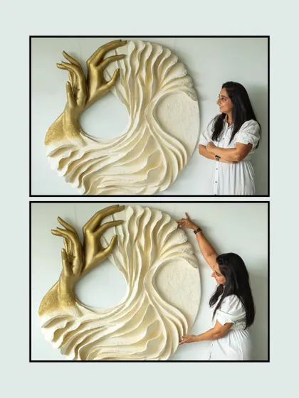Two perspectives on the same piece. This shows both a contemplative pose and the active process of adjusting the artwork, highlighting the relationship between the artist and the creation.