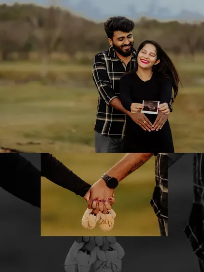 This collage captures the joy of anticipation. It pairs a happy portrait of the couple holding their ultrasound picture with a close up of them holding hands and a pair of baby shoes, symbolizing their shared journey.