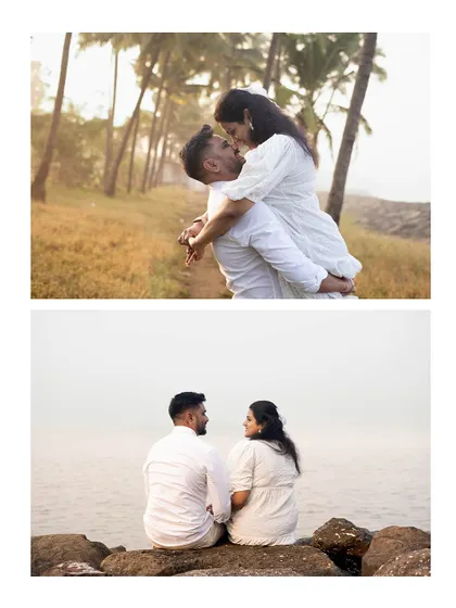 A two-photo collage from a beach pre-wedding shoot, featuring a playful lift and a quiet moment sitting on the rocks, showcasing both fun and intimacy.