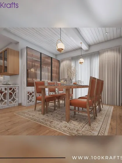 The dining area in our 'Bohemian Fusion' concept. A rustic wooden table is paired with classic chairs and elegant glass-front cabinetry, blending different styles for a unique, eclectic look.