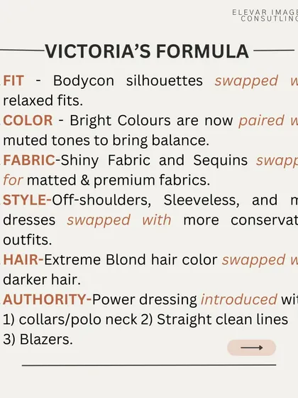 As she transitioned into a successful entrepreneur, her style evolved. I call this "Victoria's Formula": swapping bodycon for relaxed fits, brights for muted tones, and introducing power dressing elements like blazers and clean lines.