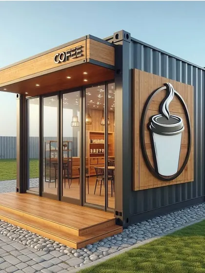 This container coffee shop design features a prominent logo and large glass doors. It's a great example of how to create a strong brand presence with a modular structure.