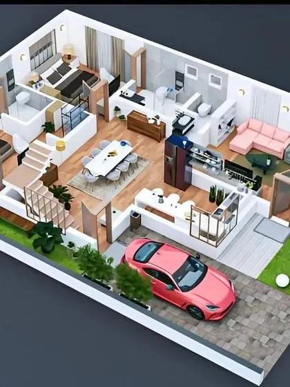 Our 3D visualization service provides a complete dollhouse view of your future home's ground floor. This render details the open-concept living and dining area, two bedrooms with attached baths, kitchen layout, and the seamless connection to the outdoor garden and driveway.