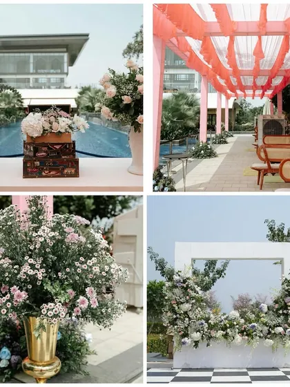 A collage of a pastel Haldi decor. It showcases the poolside seating, the floral photo booth, and other details that come together to create a whimsical and dreamy atmosphere.