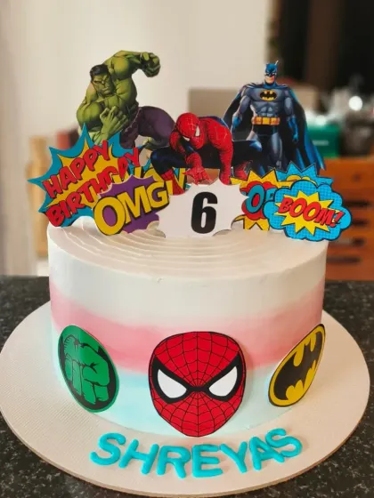 A superhero mashup cake with Spider-Man, Batman, and The Hulk. Perfect for the kid who can't pick just one favorite.