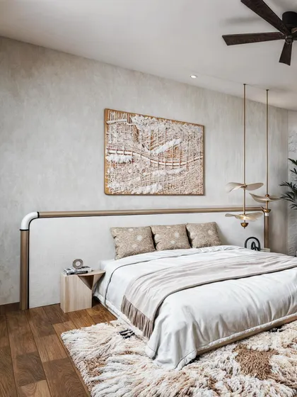 A bedroom render featuring a large, textured art piece and a plush shag rug. The design has a rustic, earthy feel.