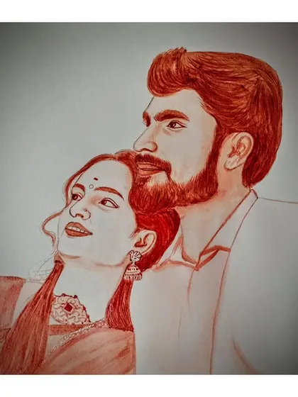 A romantic blood portrait of a couple, capturing a dreamy and peaceful moment.