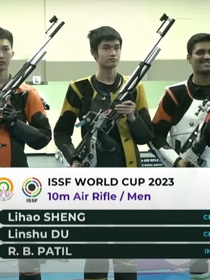 The men's 10m Air Rifle podium at the ISSF World Cup, with India's Rudrankksh Patil winning the bronze medal.