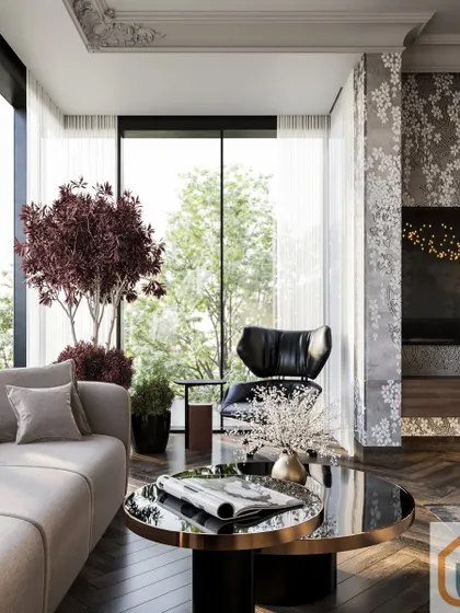 A cozy corner in a modern living space or large bedroom, featuring a comfortable sofa and indoor plants that bring a touch of nature indoors.