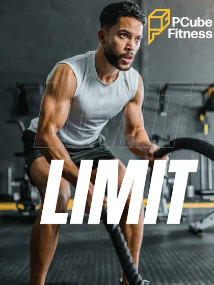 A graphic with the word "Limit" crossed out, featuring a man performing intense battle rope exercises.