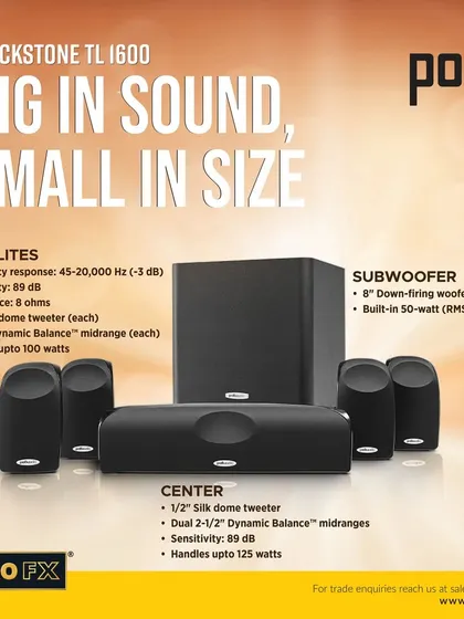 Big in sound, small in size. The Polk Blackstone TL1600 is a 6 piece compact home theater system that includes four satellite speakers, a center channel, and an 8 inch down firing subwoofer, delivering professional quality sound without taking up much space.