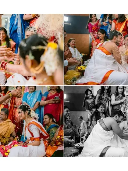 A collage capturing the energy and joy of the 'Talambralu' ritual from multiple angles.