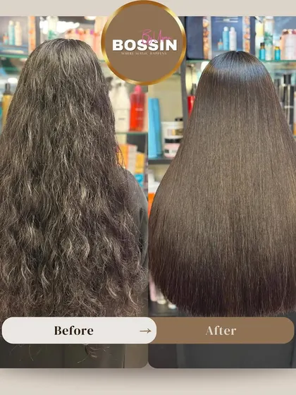 This before and after shot showcases the power of Anbrozi Botox for damaged, frizz-prone hair. The treatment provided extra nourishment and revitalization, resulting in a sleek, healthy shine.