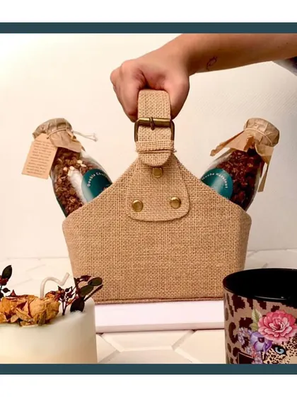 A closer look at my healthy granola hamper. The jute basket carrier makes it a stylish and convenient gift for anyone who appreciates wholesome, delicious treats.