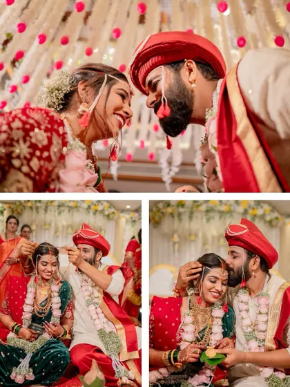 A collage capturing the playful and sacred moments of a Maharashtrian wedding, including the groom applying sindoor.
