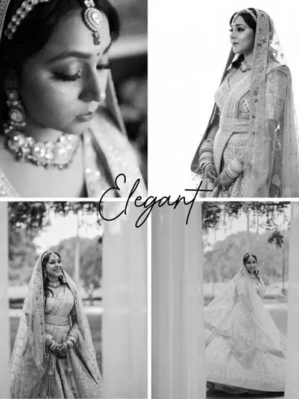 A collage of elegant black and white bridal portraits, showcasing the bride's grace and the timeless quality of monochrome photography.