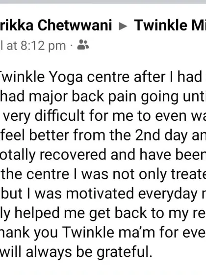 A screenshot of a message from Sarrikka. She suffered from a slip disc injury that made it difficult to even walk. Within two months of my therapeutic yoga program, she made a full recovery and got her life back.