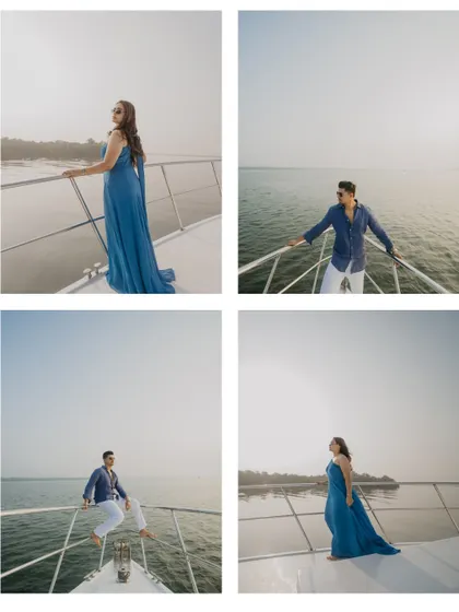 A series of individual and couple portraits on the yacht. The woman's flowing blue dress against the sea and the man's relaxed pose capture a chic and cinematic vibe.