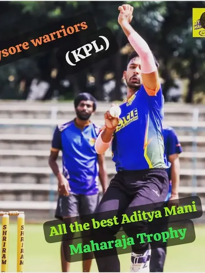 An encouragement graphic for Aditya Mani ahead of the Maharaja Trophy, highlighting his journey with the Mysore Warriors.
