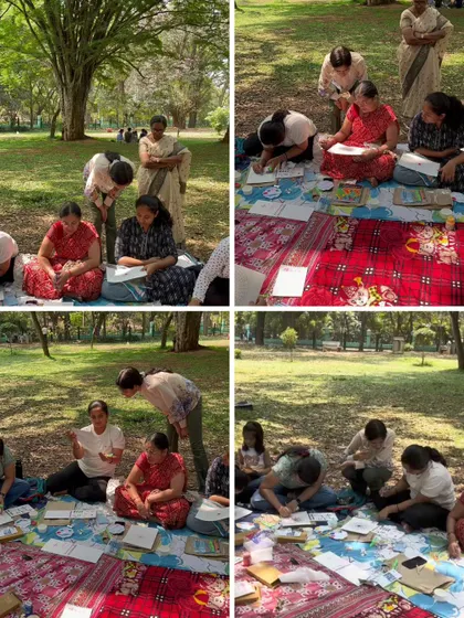 A collage showing the process of our outdoor workshop, with me providing guidance and participants focused on their work. The natural light and fresh air make for a perfect painting environment.