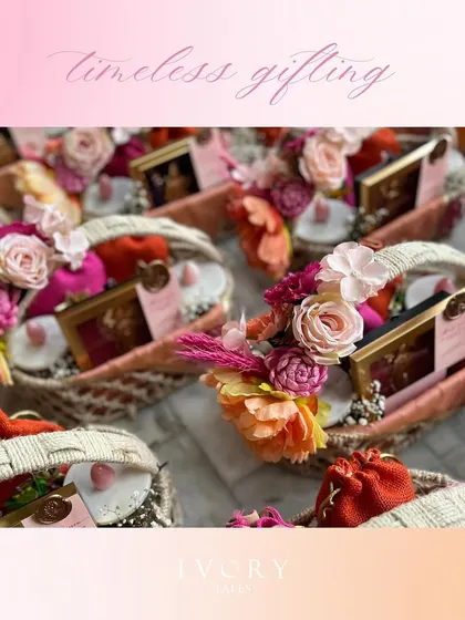 A beautiful arrangement of our timeless engagement favor baskets, ready to be gifted to guests.