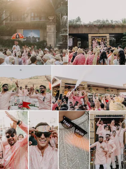 A collage of the high-energy baraat, with 'Team Groom' having a blast, setting a festive tone for the wedding day.