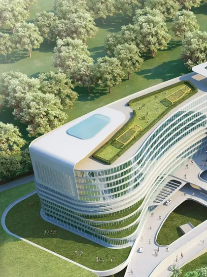 This rendering showcases a biophilic facade design, where nature is an integral part of the structure. The design incorporates vertical greenery, natural shapes, and energy-efficient glazing to help build a greener future.