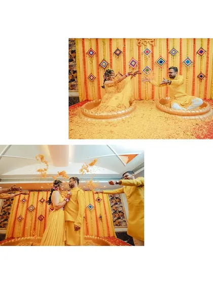 A playful flower fight during the 'phoolon ki haldi'. These moments of pure fun make for unforgettable photos.