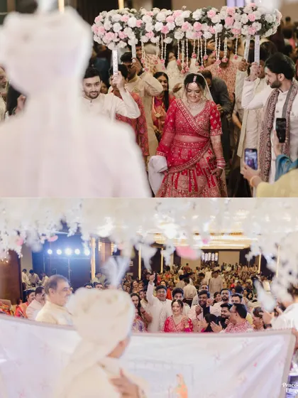 A collage showing the bride's grand entrance, walking towards the groom who waits with an expectant smile.