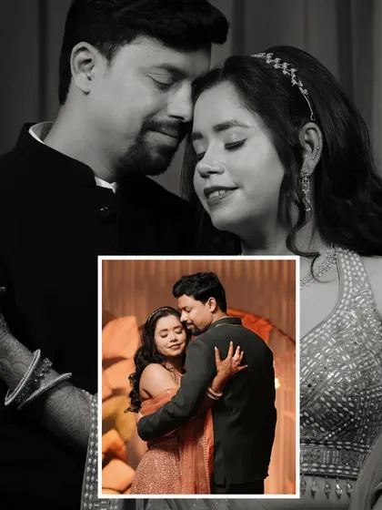 A romantic black and white collage of the engaged couple, capturing their tender and emotional connection.