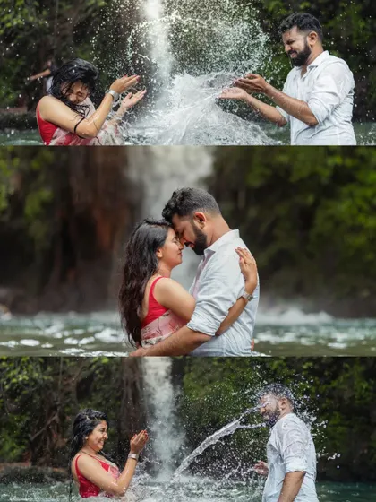 A fun and playful collage of a couple enjoying themselves in a waterfall. We encourage couples to interact naturally, which results in authentic and memorable pre-wedding photos.