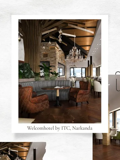 This rendering for ITC Narkanda focuses on a cozy lounge nook. The space combines plush, quilted leather armchairs with a rustic stone wall and a dramatic chandelier, creating a perfect spot for relaxation.