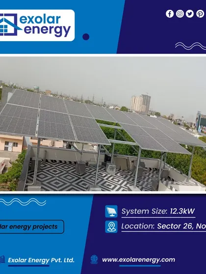 This 12.3 kW system in Sector 26, Noida, features an elevated structure on a patterned tile roof, showcasing our custom design capabilities.