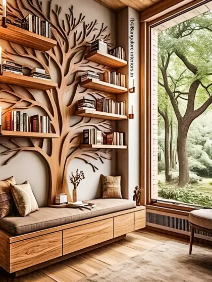 I love bringing nature-inspired elements into my designs. This tree-shaped bookshelf includes a cozy window seat with storage underneath.