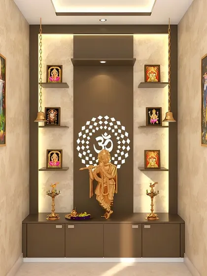 A beautiful pooja unit with a backlit Om and Krishna statue as the centerpiece. The shelves on either side are perfect for displaying smaller frames and idols.