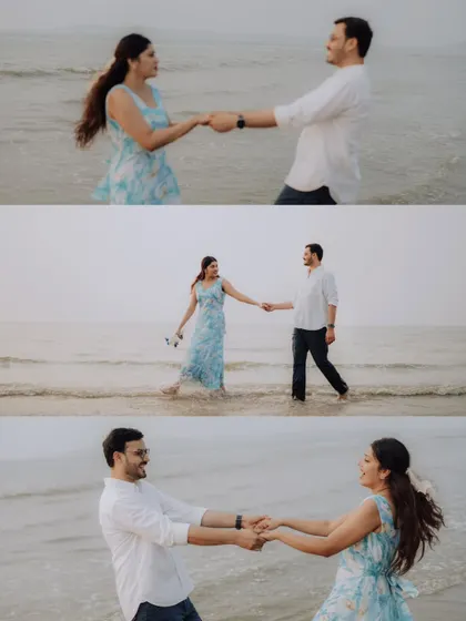 A collage of a couple holding hands and spinning on the beach. These photos of Jayashree and Anand showcase the playful and romantic moments of their day by the sea.