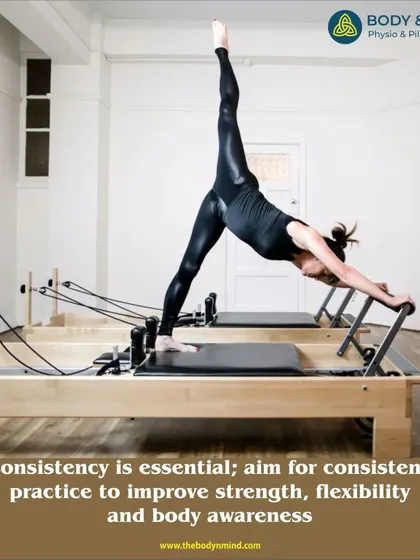 Consistency is essential for progress in Pilates. This advanced Reformer pose demonstrates the strength, flexibility, and body awareness that can be achieved through dedicated and consistent practice.