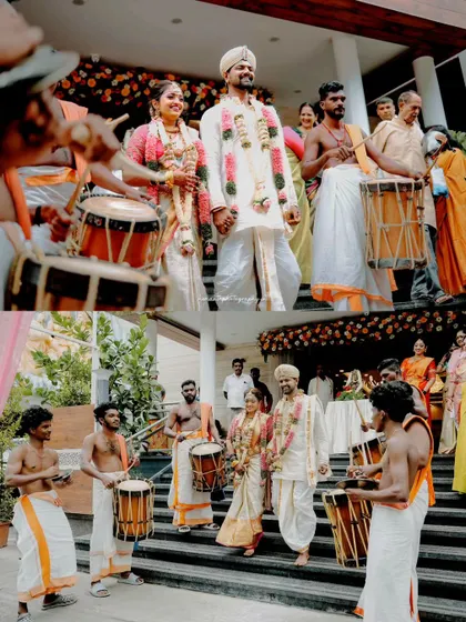 The couple's grand entrance into the wedding hall, led by traditional drummers. This collage captures the energy and movement of the moment from different perspectives.