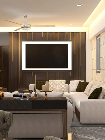 Another angle from the same 3D living room concept. This view highlights the combination of a dark wood TV panel with gold accents and a light-colored geometric wall, creating a balanced and sophisticated look.