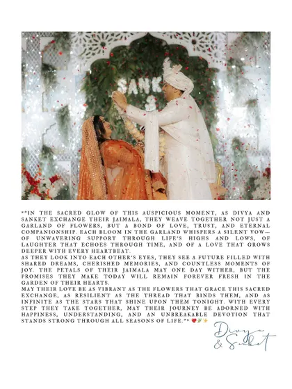 The sacred jaimala exchange, framed with a beautiful narrative of the couple's love story. This image captures the tradition and the personal commitment of the moment.