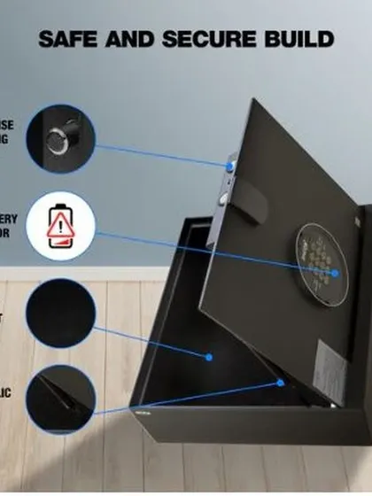 A detailed look at the secure build of the 10-litre cabinet safe, pointing out the motorized shooting bolts, hydraulic arm, and interior floor carpet.
