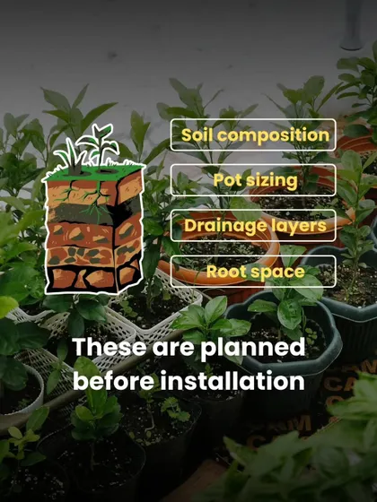 The details are planned before installation. We determine the right soil composition, pot sizing, drainage layers, and root space required for each plant to ensure a strong foundation for growth.
