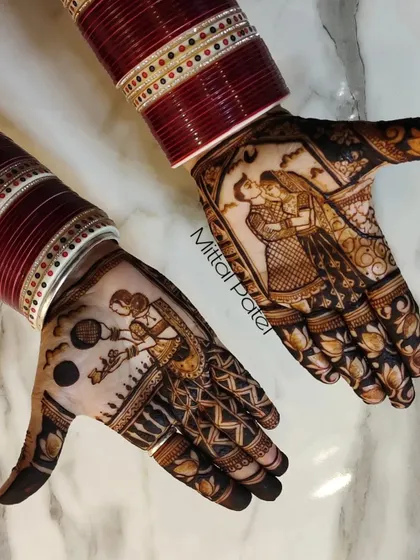 A classic Karwa Chauth design featuring a couple portrait and a woman performing the ritual, complete with the traditional red bangles (chooda).