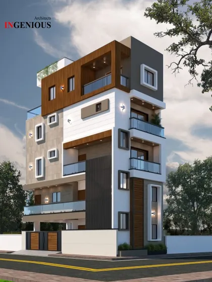A proposed residential building on Kanakapura Road, designed with a complex, multi-layered facade. The structure uses interlocking blocks of wood, grey, and white, with glass balconies that add to its contemporary appeal.