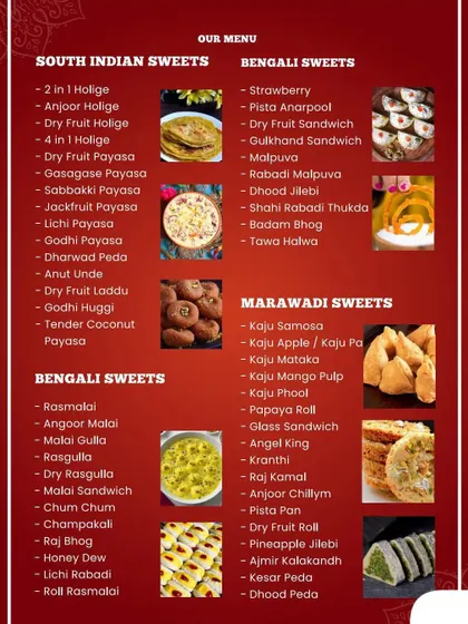 Our sweets menu features a vast selection of regional Indian desserts. We offer everything from South Indian Payasams to Bengali Rasgullas and Marawadi Kaju Katli.