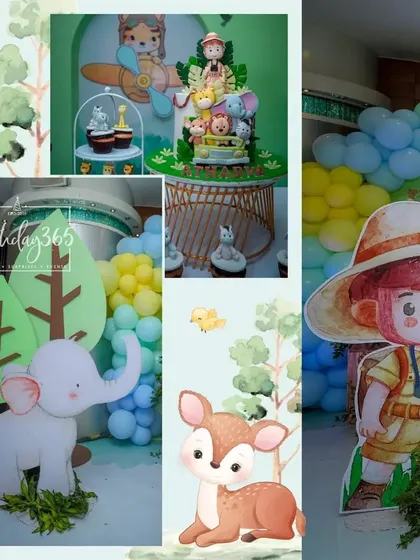 Details from Atharva's jungle explorer party, including a cute elephant cutout, a themed cake, and a little explorer character prop.