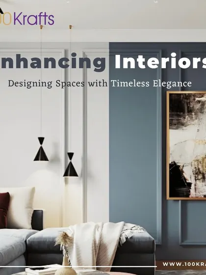 We enhance interiors with timeless elegance. This living room uses a split-color wall, modern art, and minimalist pendant lights to create a sophisticated and visually interesting space.