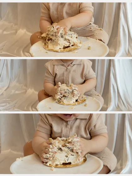 A collage showing the delightful progression of a cake smash. These little hands exploring the cake are a memory worth keeping forever.