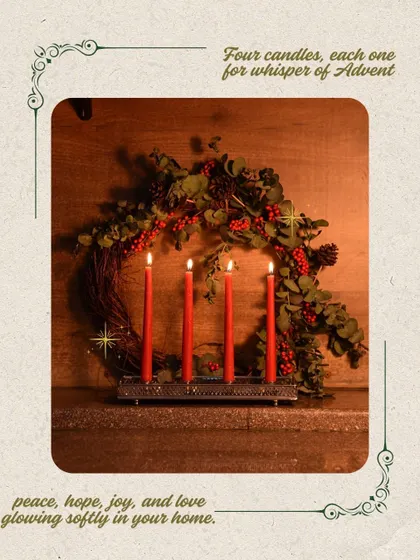 Four candles, each one a whisper of Advent. This simple holder with four red candles is perfect for a traditional Advent wreath setup, bringing peace, hope, joy, and love into your home.