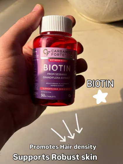 To support hair density and robust skin, I include Biotin in my supplement routine. This one from Carbamide Forte is derived from natural extracts and helps fill any nutritional gaps in my diet.